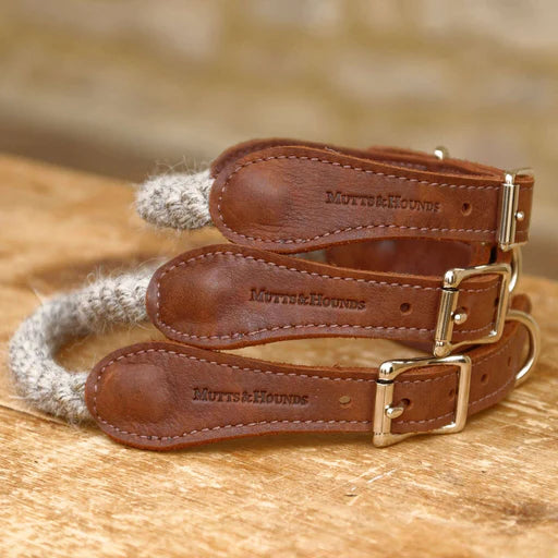 MUTTS & HOUNDS - NATURAL WOOL ROPE & LEATHER DOG COLLAR
