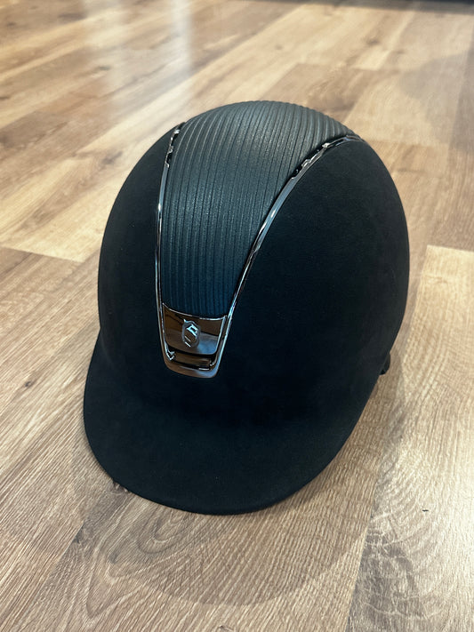 Black alcantara helmet with premium leather top