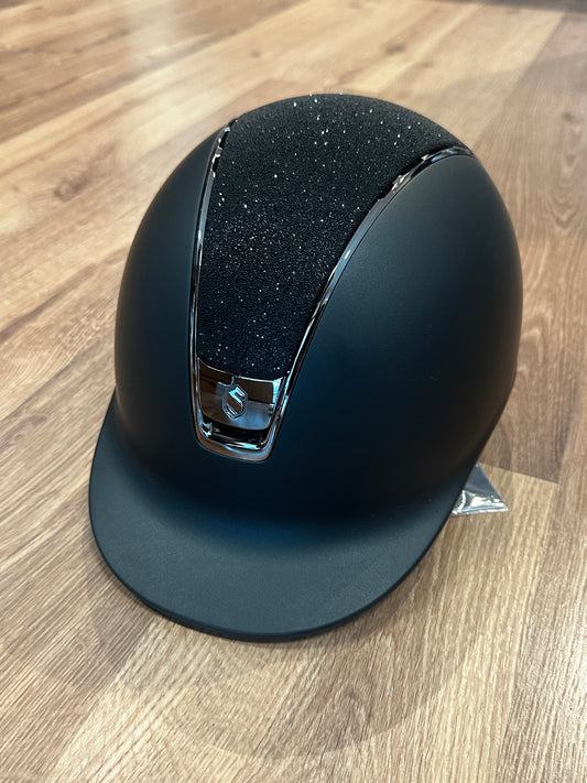 Black helmet with crystal fabric top