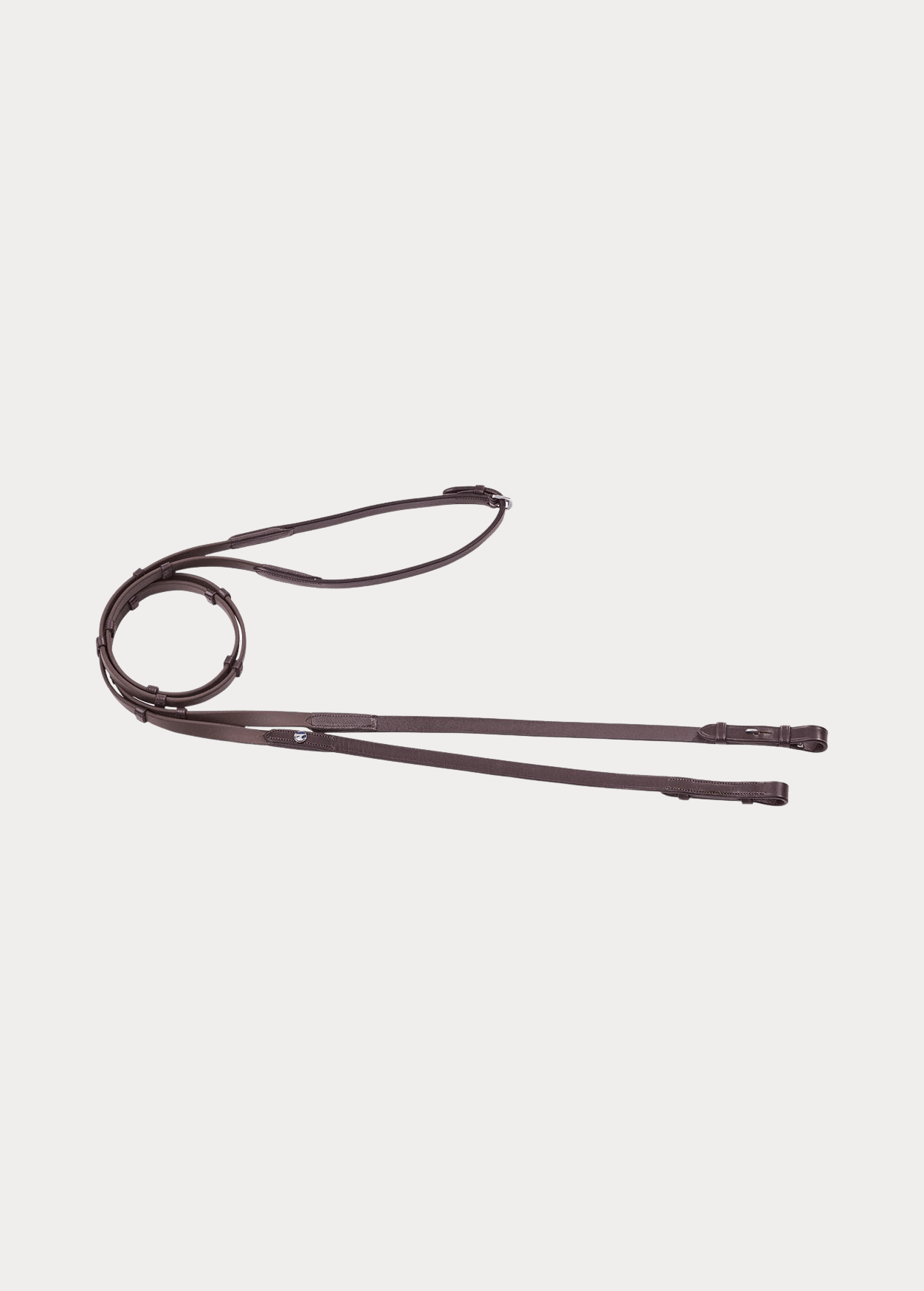 Brown reins with hook and stud closures and leather stops