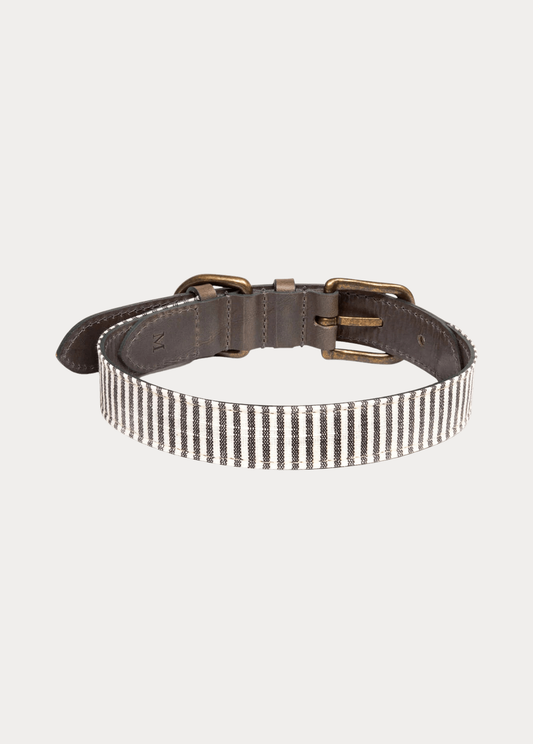 MUTTS & HOUNDS - CHARCOAL STRIPE & LEATHER DOG COLLAR